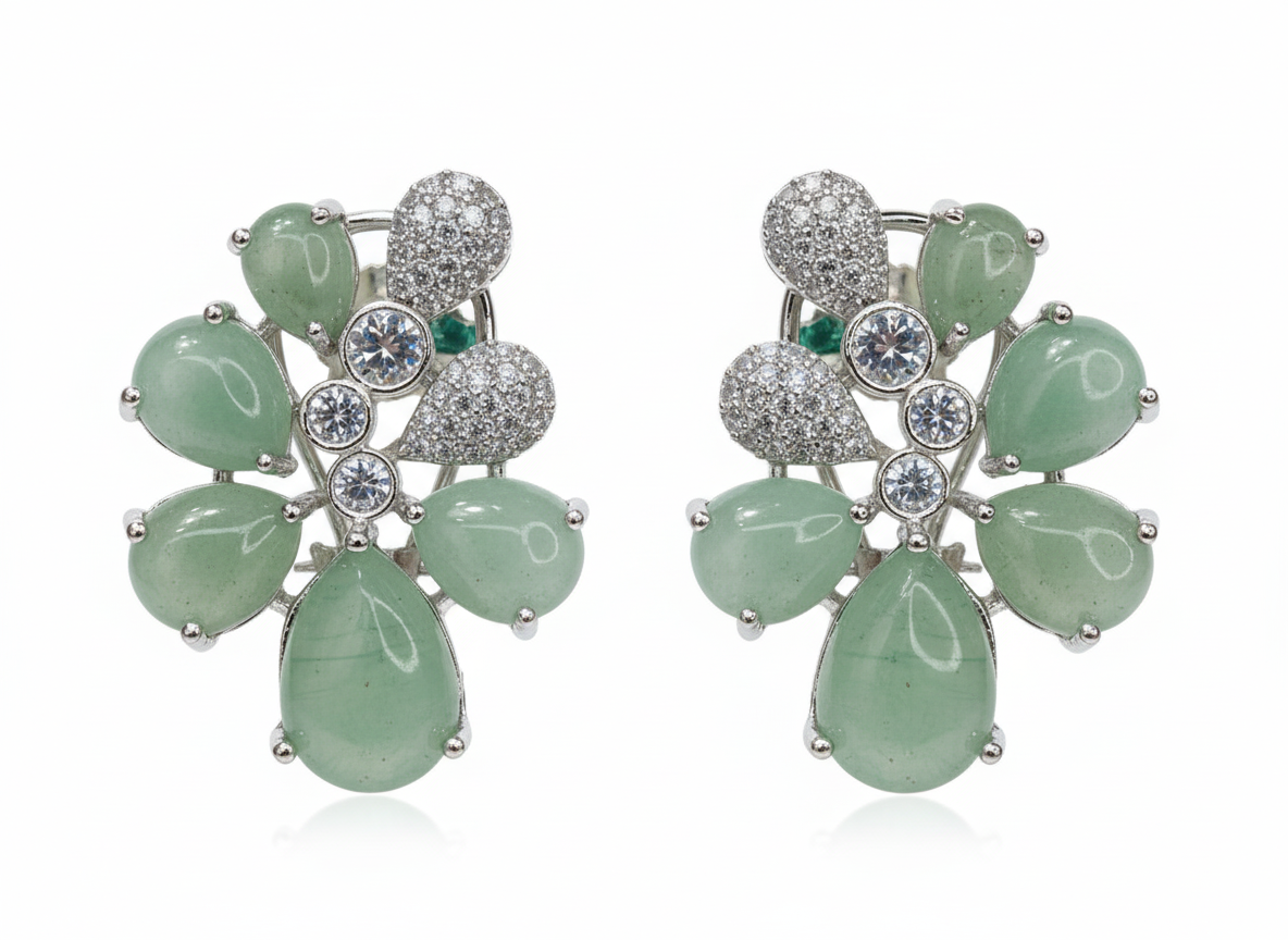 Green Aventurine & Diamond Flower Stud Earrings - Image 2