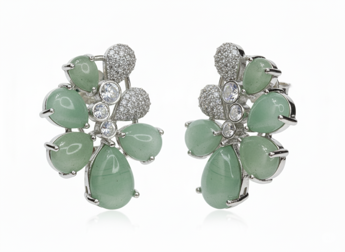 Green Aventurine & Diamond Flower Stud Earrings
