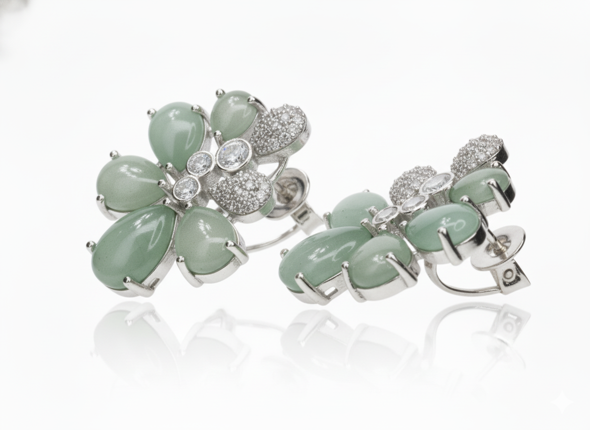 Green Aventurine & Diamond Flower Stud Earrings - Image 4