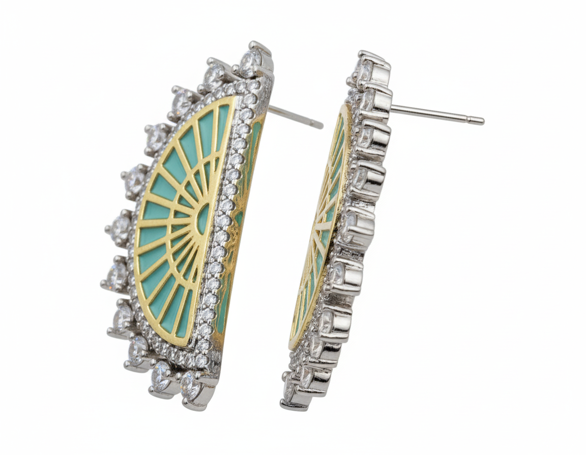 Turquoise Sunburst Diamond Half-Moon Earrings - Image 4
