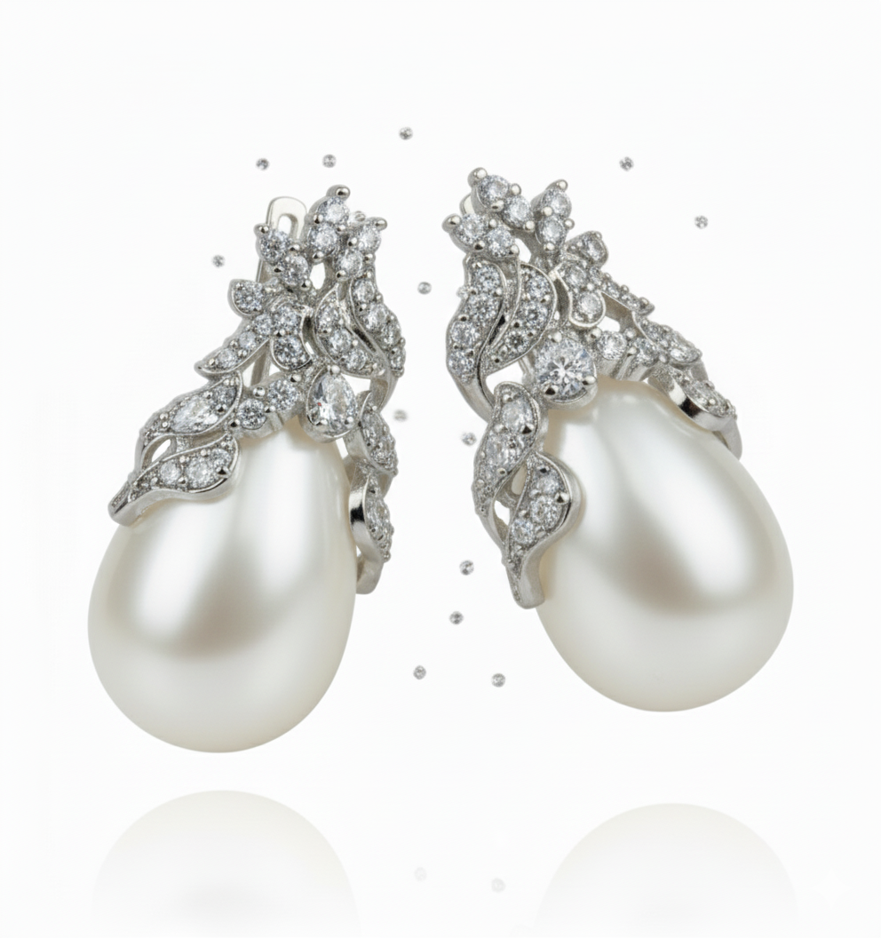 Pearl & Diamond Drop Earrings - Image 2