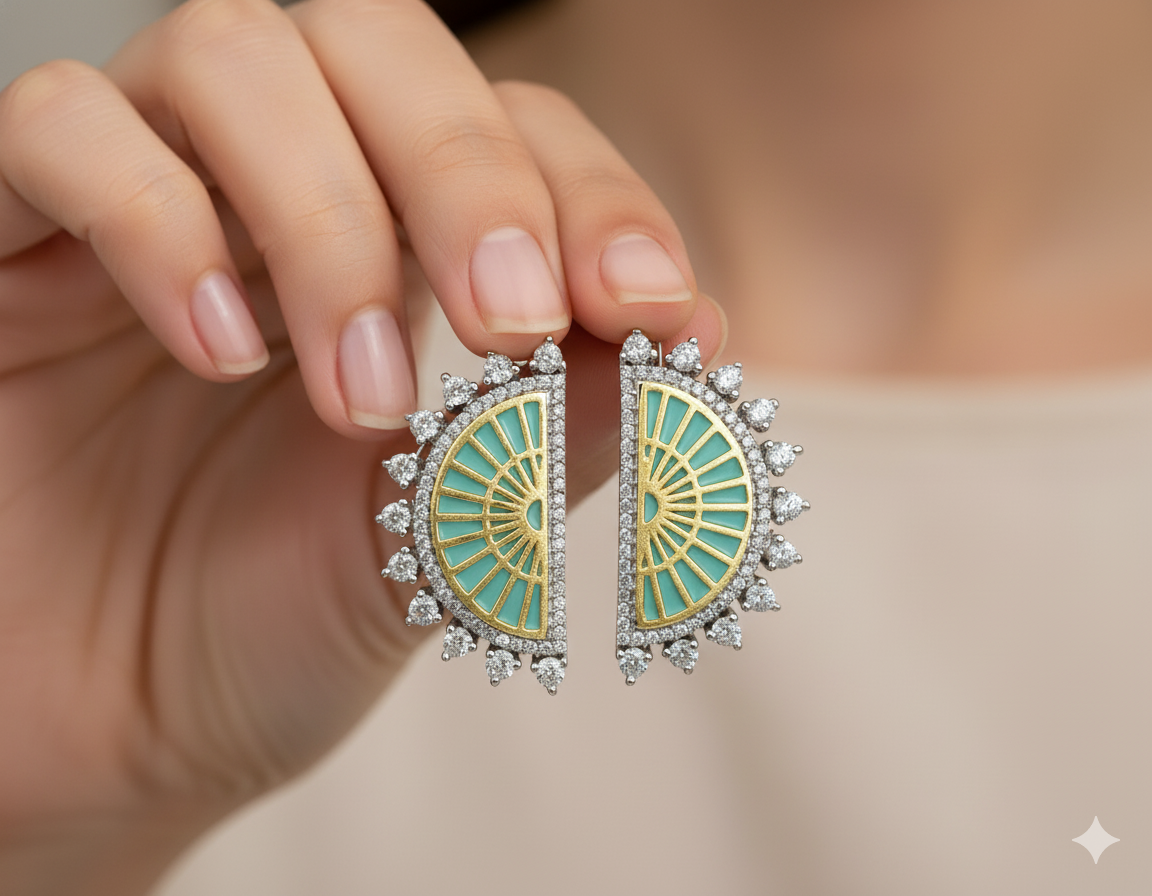 Turquoise Sunburst Diamond Half-Moon Earrings - Image 3