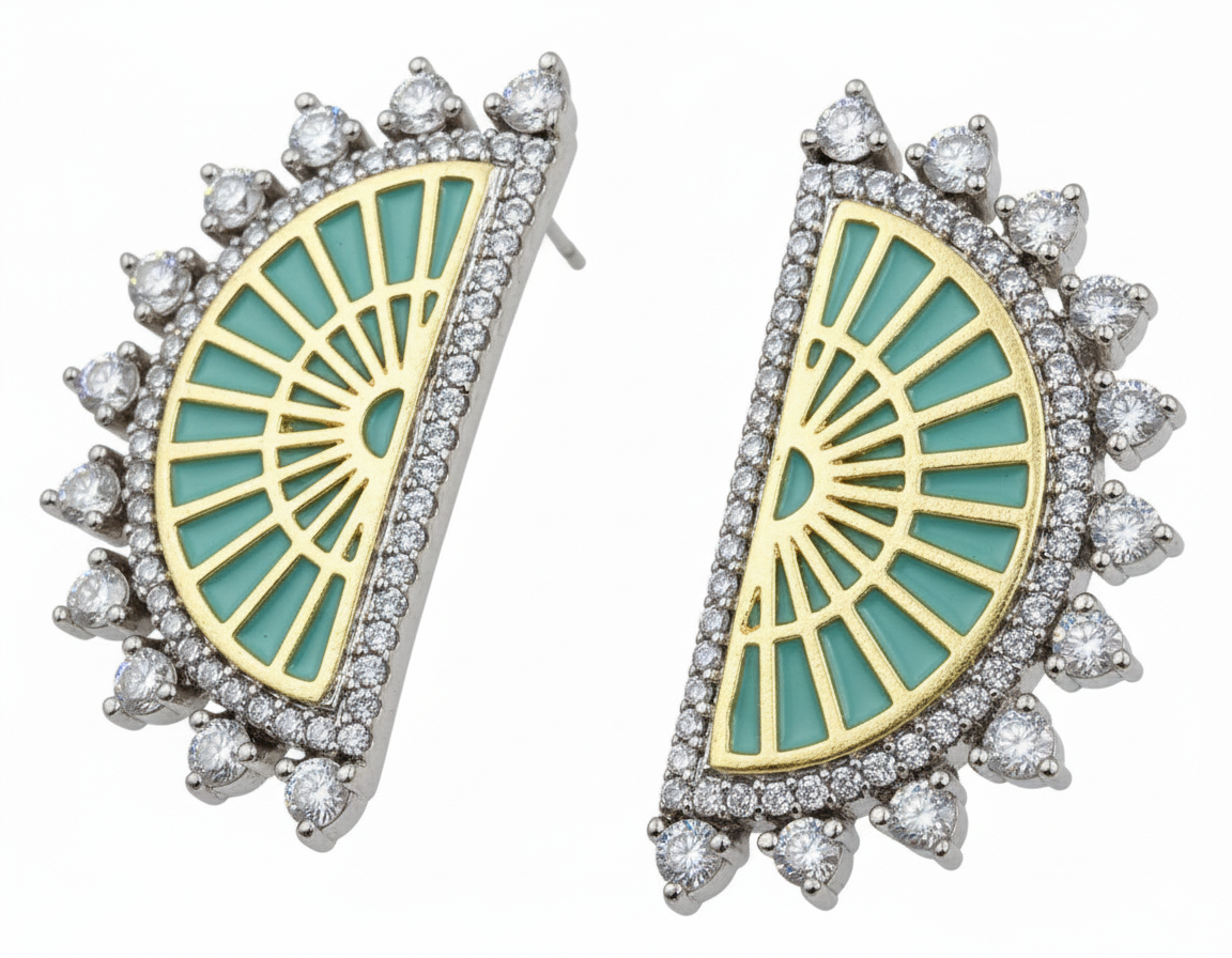 Turquoise Sunburst Diamond Half-Moon Earrings - Image 2