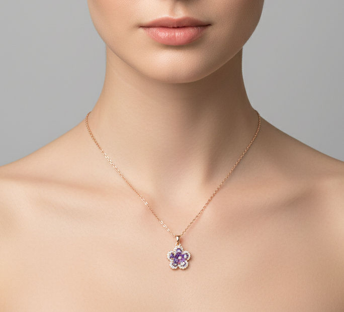 Purple Crystal Flower Pendant Necklace - Image 4