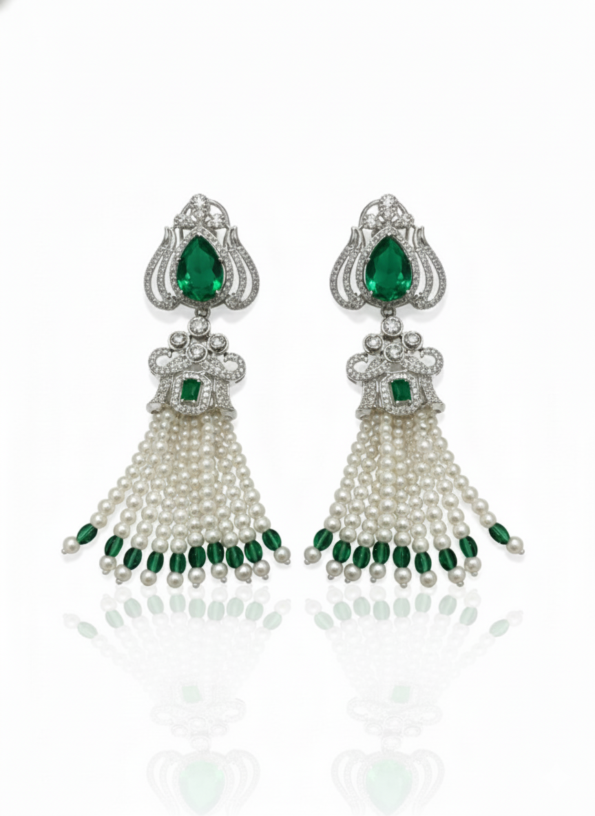 Emerald Royale Pearl Tassel Earrings