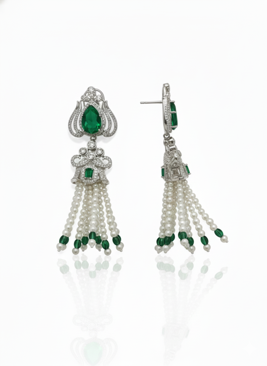 Emerald Royale Pearl Tassel Earrings - Image 3