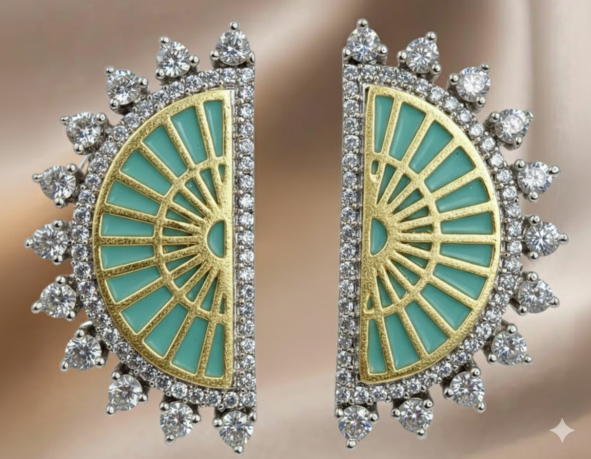 Turquoise Sunburst Diamond Half-Moon Earrings - Image 5
