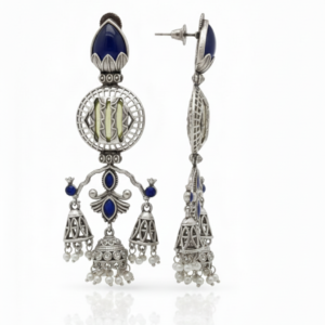 Antique Silver Blue Enamel Jhumka Earrings