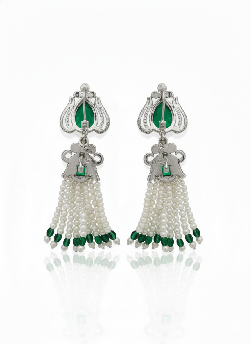 Emerald Royale Pearl Tassel Earrings - Image 2