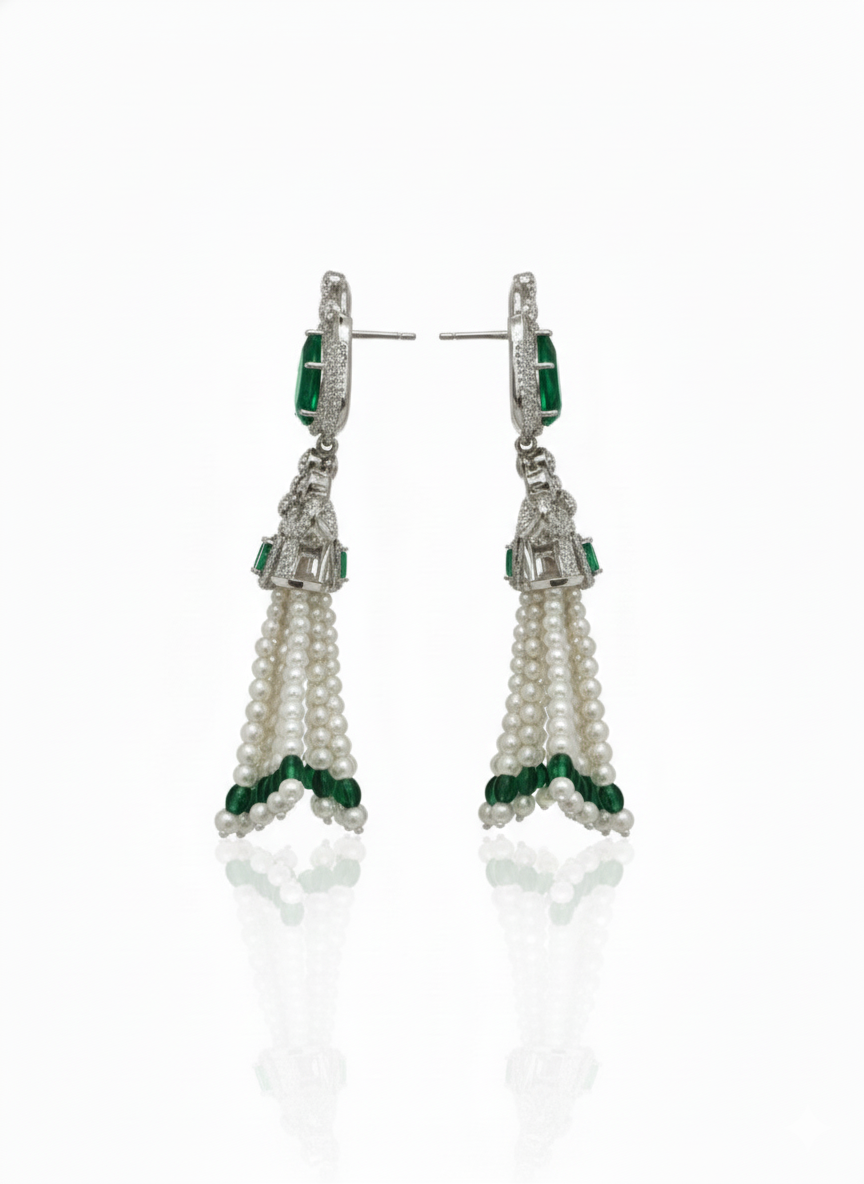 Emerald Royale Pearl Tassel Earrings - Image 4