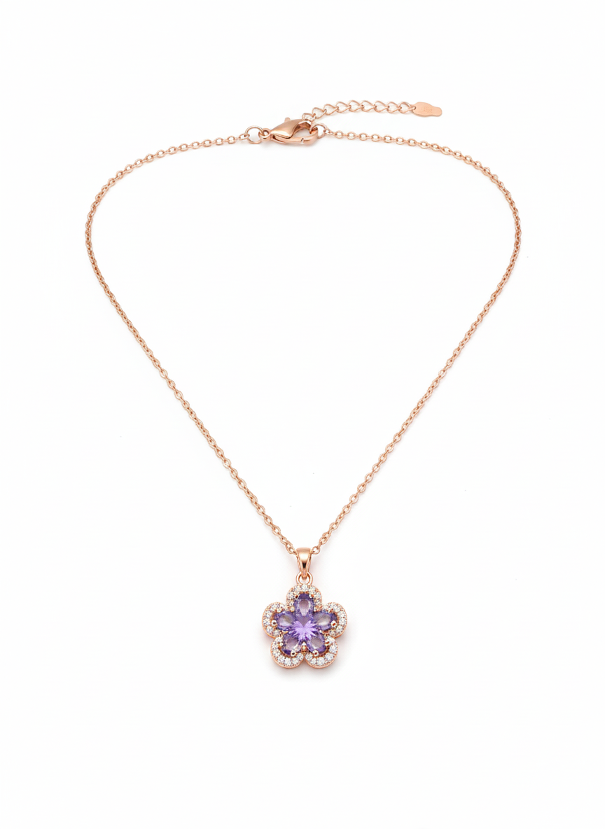 Purple Crystal Flower Pendant Necklace