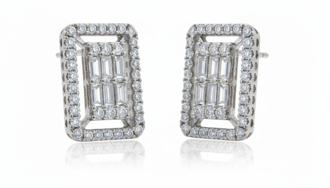 Baguette & Round Diamond Stud Earrings - Image 2