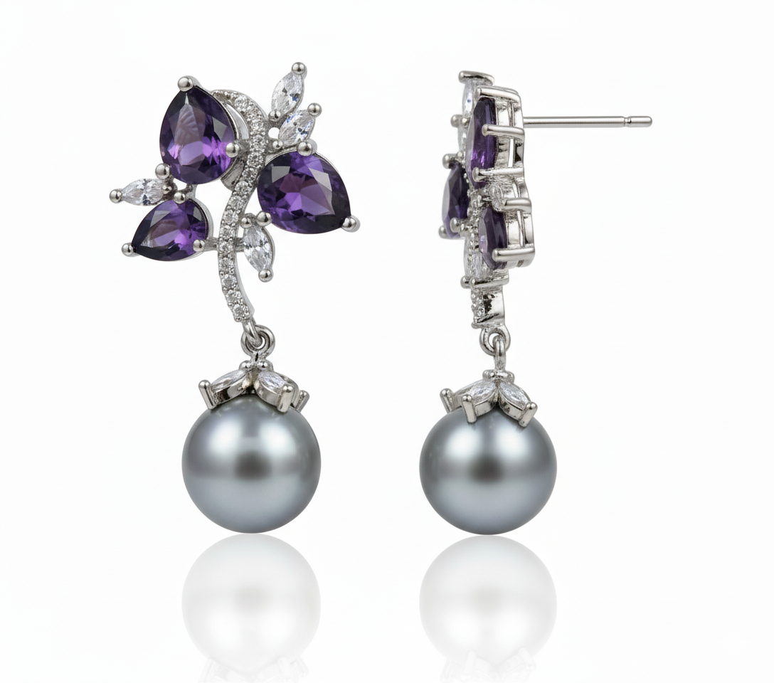 Tahitian Pearl & Amethyst Drop Earrings - Image 2
