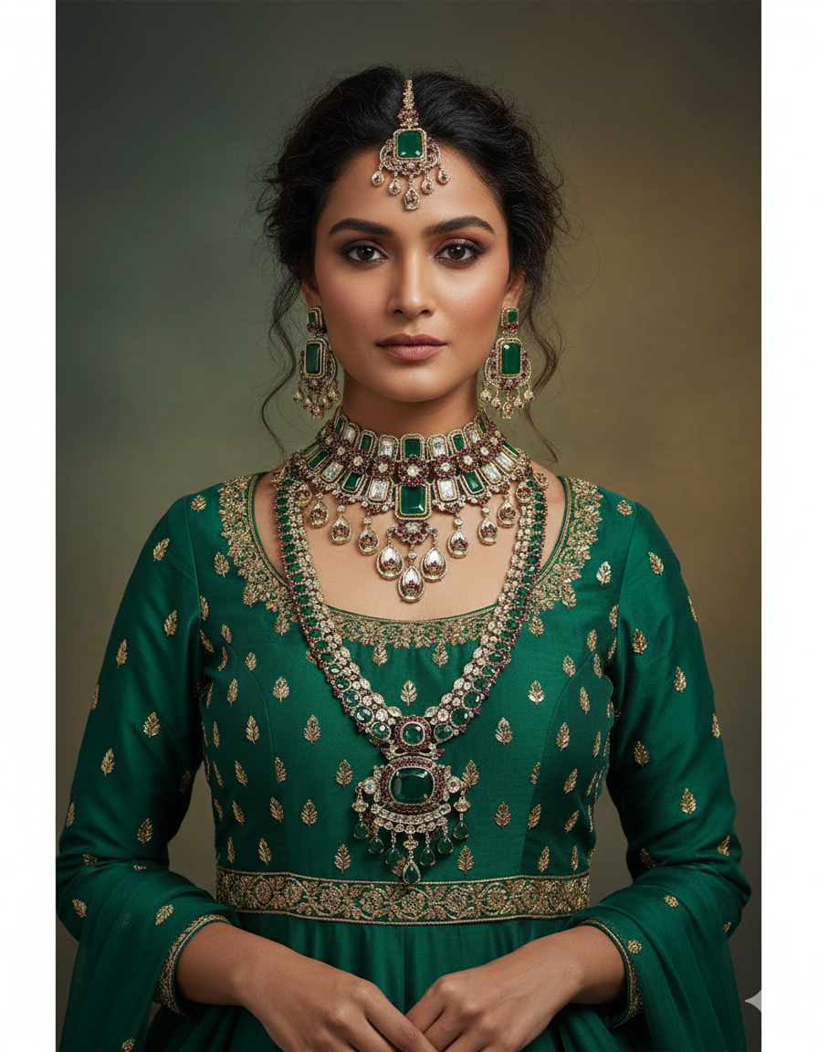Emerald Royale Polki Bridal Necklace Set - Image 6
