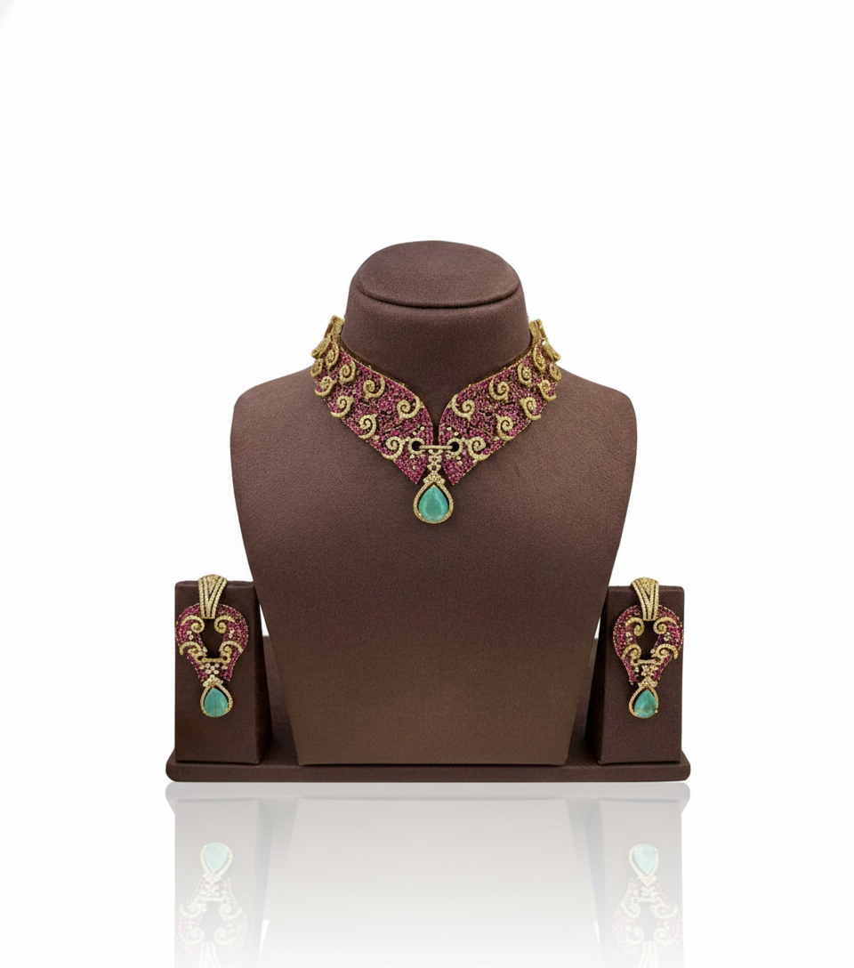Rangrez Emerald Ruby Collar Necklace Set - Image 4
