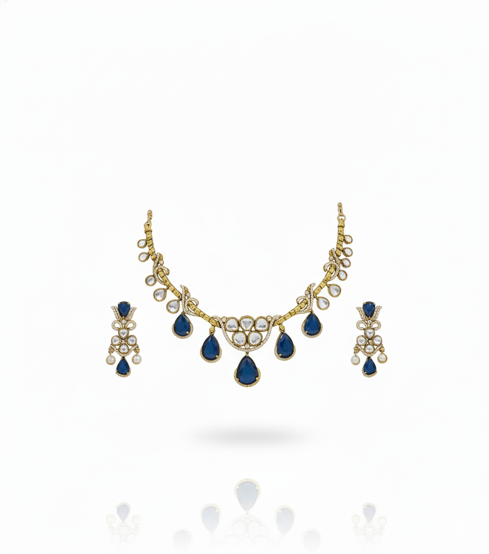 Royal Blue Sapphire & Polki Kundan Necklace - Image 2