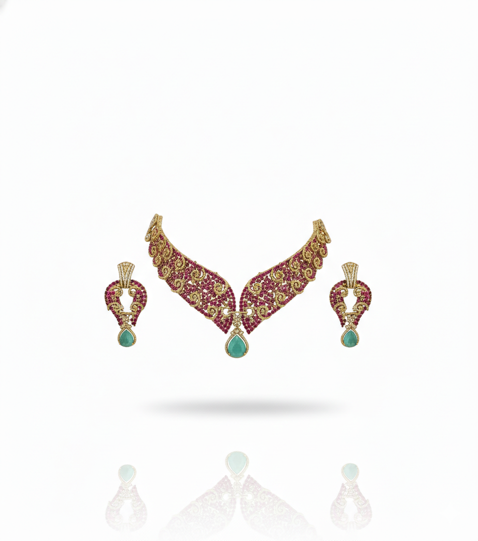 Rangrez Emerald Ruby Collar Necklace Set - Image 3