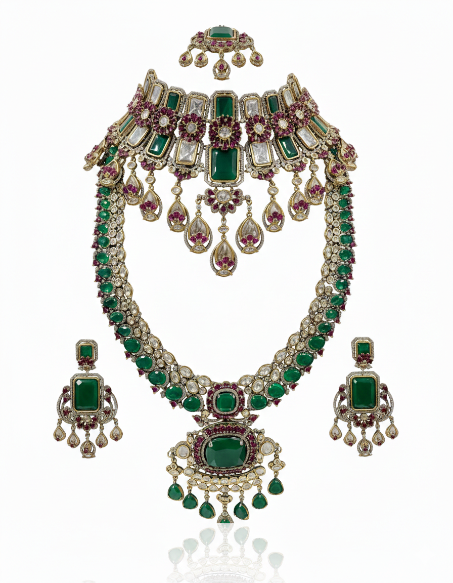 Emerald Royale Polki Bridal Necklace Set - Image 5