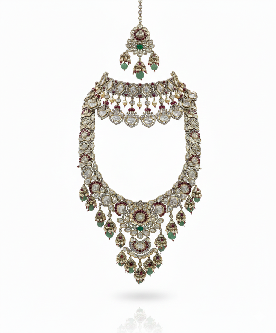 Royal Polki Emerald Bridal Haram Set - Image 3