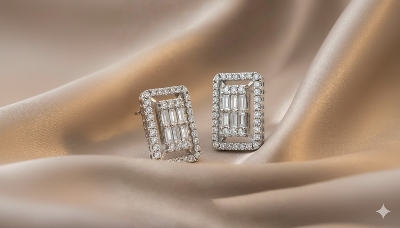 Baguette & Round Diamond Stud Earrings - Image 5