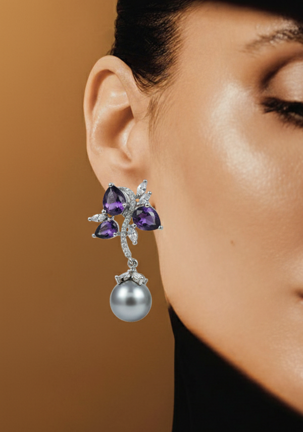 Tahitian Pearl & Amethyst Drop Earrings - Image 3