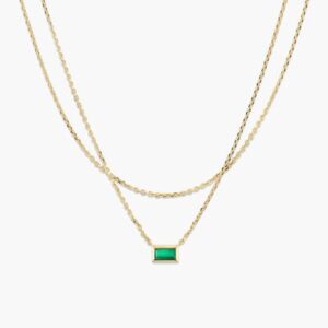 Gold Layered Necklace with Green Baguette Gemstone Pendant