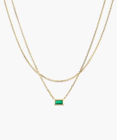 Gold Layered Necklace with Green Baguette Gemstone Pendant