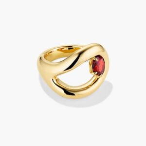 Modern Gold Sculpted Ring with Red Garnet Accent