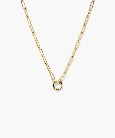 Gold Paperclip Chain Necklace with Circle Pendant