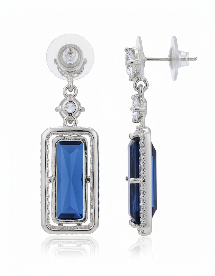 Elegant Royal Blue Emerald-Cut Drop Earrings - Image 3