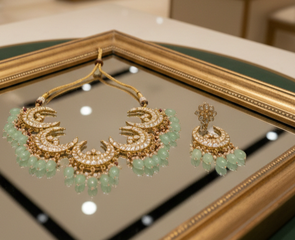 Moonstone Crescent Pearl Statement Necklace Set - Image 3