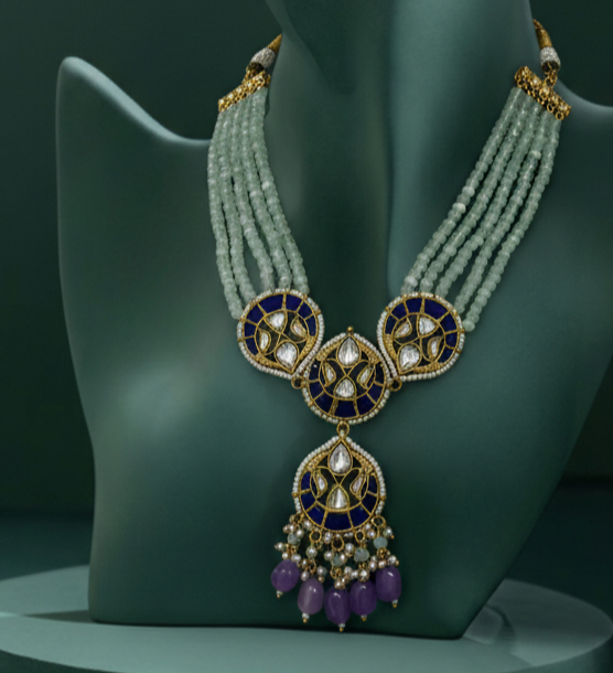Royal Blue Kundan Pearl Drop Necklace Set - Image 4