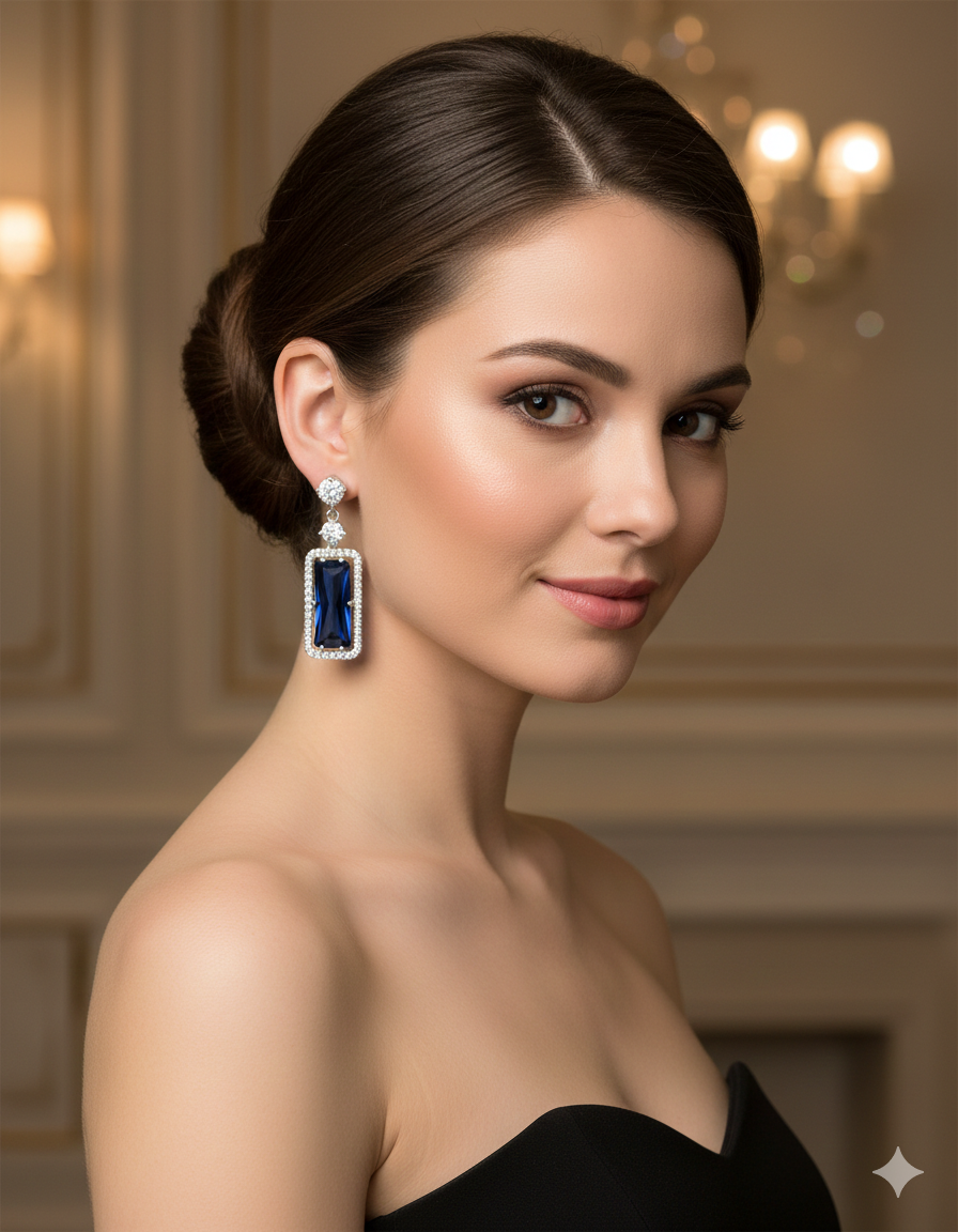 Elegant Royal Blue Emerald-Cut Drop Earrings - Image 2
