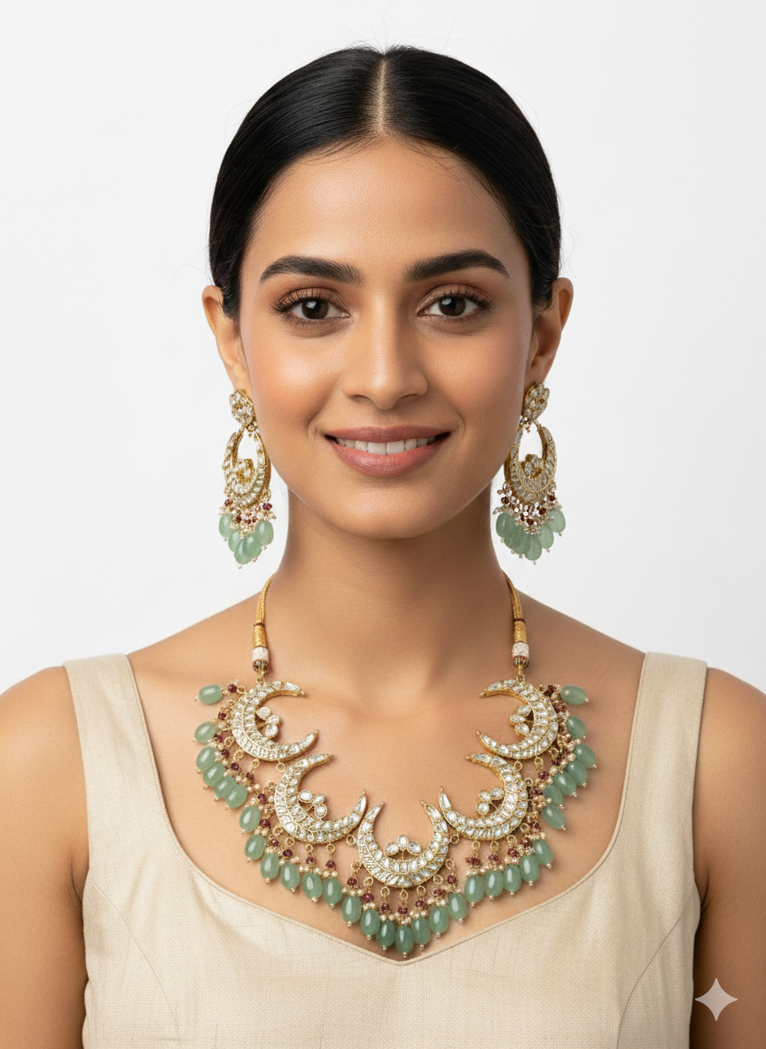 Moonstone Crescent Pearl Statement Necklace Set - Image 2
