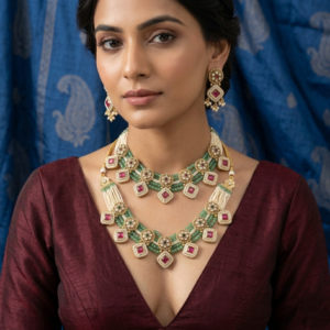 Maharani Ruby Emerald Layered Pearl Necklace Set