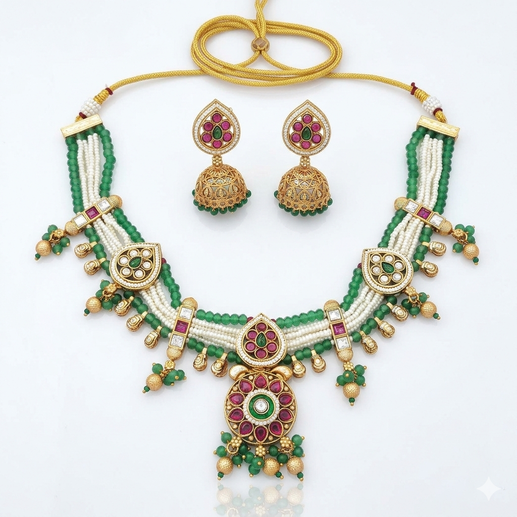 Rajwadi Ruby Emerald Temple Necklace Set with Jhumkas - Image 3
