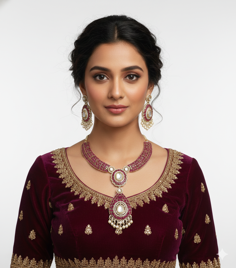 Royal Ruby & Polki Kundan Bridal Jewelry Set - Image 2