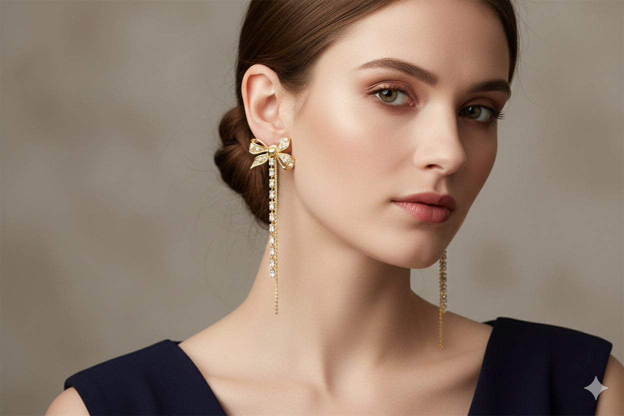 Golden Bow Cascade Drop Earrings - Image 2