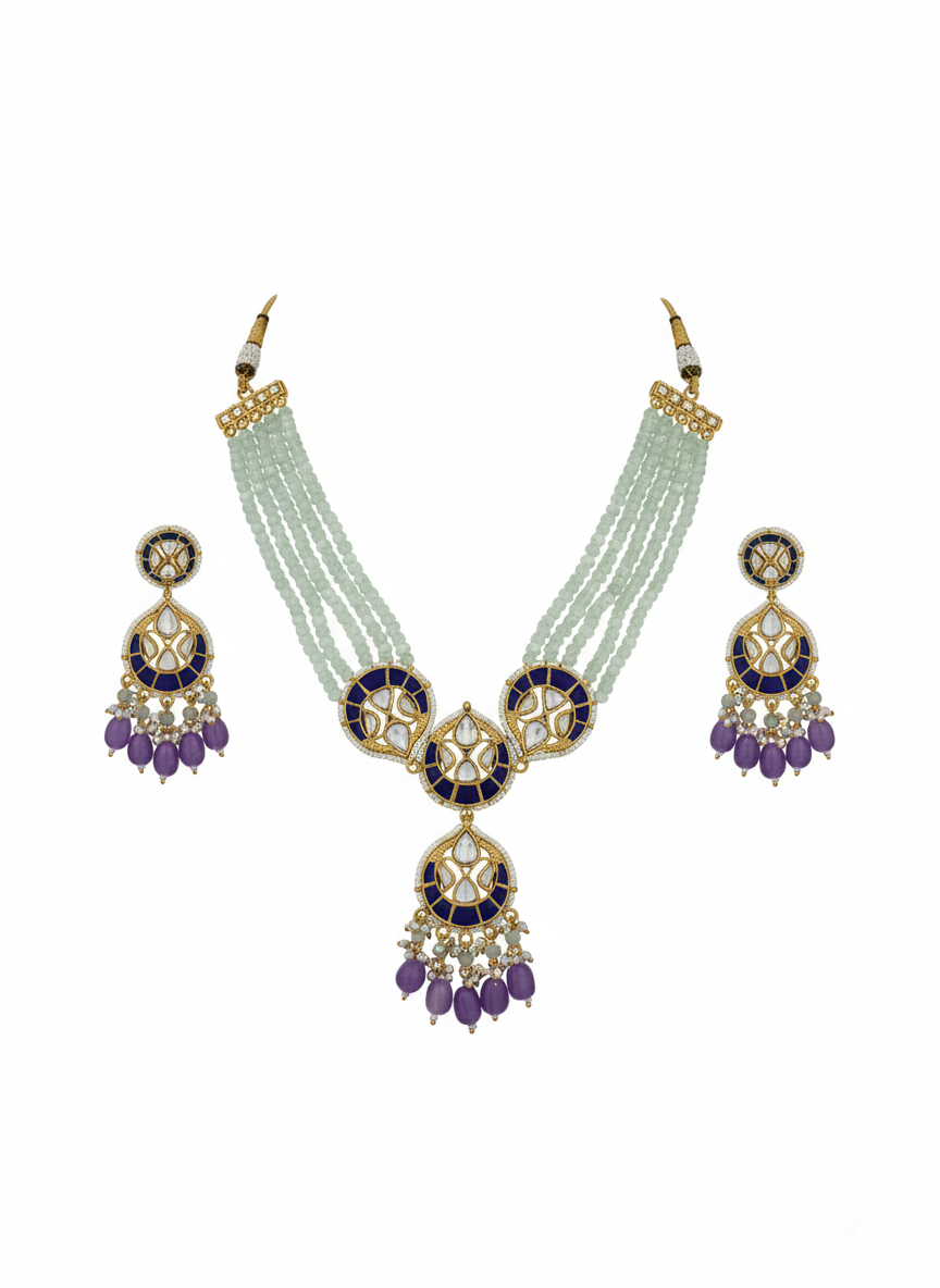 Royal Blue Kundan Pearl Drop Necklace Set - Image 3