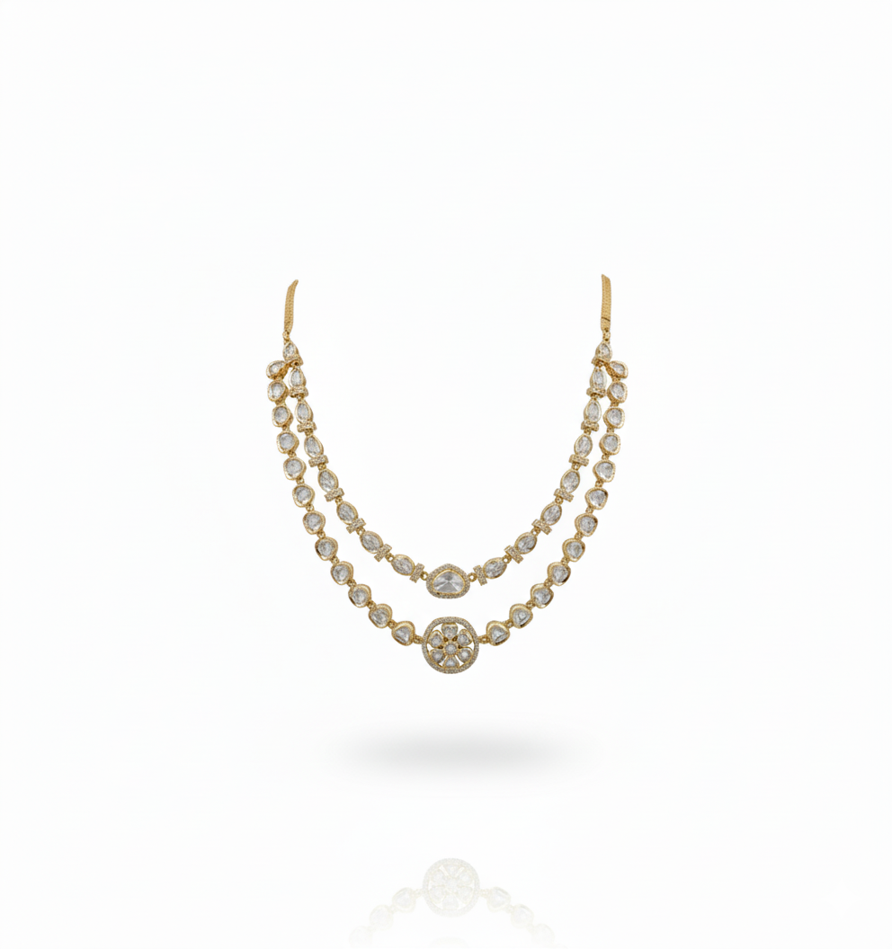 Kundan Polki Necklace Set with Floral Pendant - Image 3