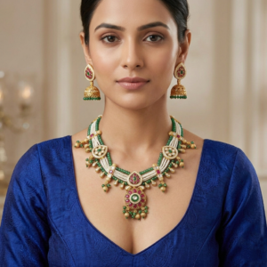 Rajwadi Ruby Emerald Temple Necklace Set with Jhumkas