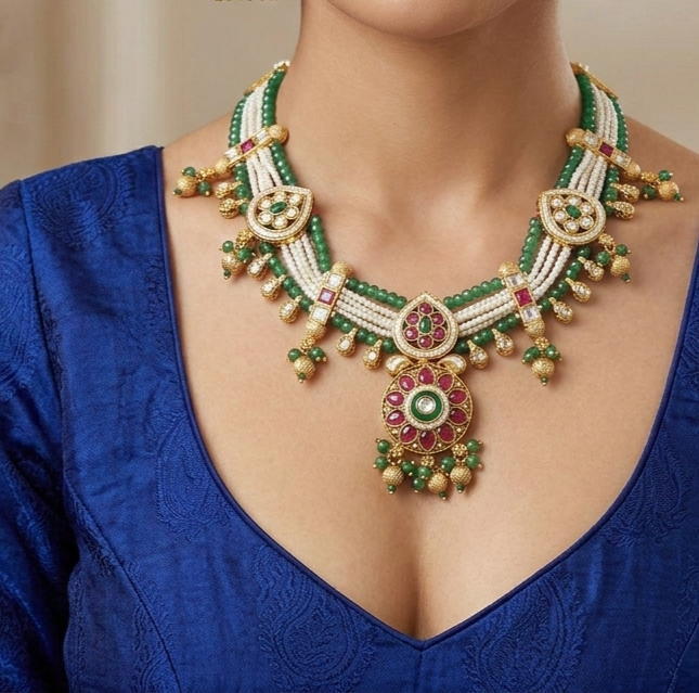 Rajwadi Ruby Emerald Temple Necklace Set with Jhumkas - Image 5