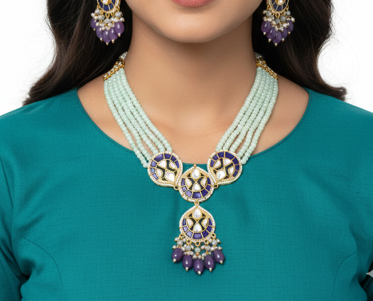 Royal Blue Kundan Pearl Drop Necklace Set - Image 2