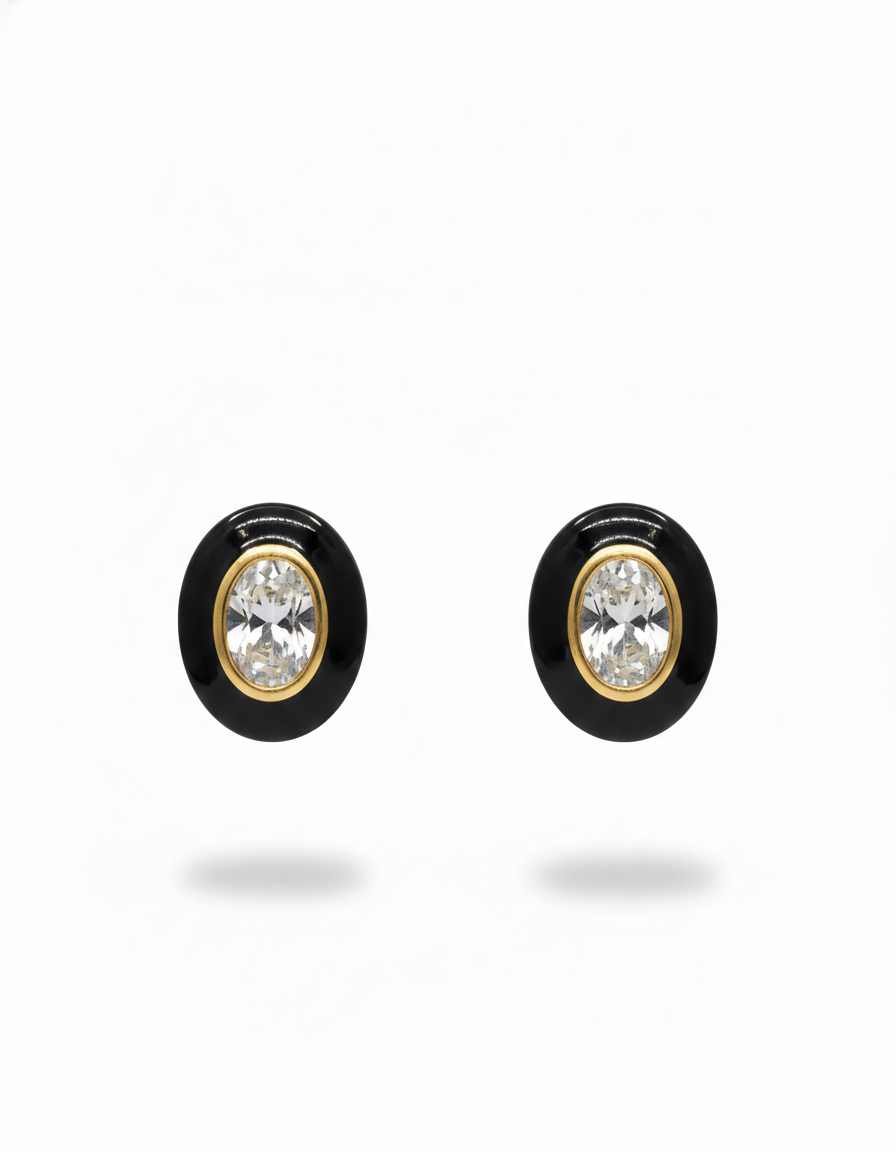 Black Onyx Oval Crystal Stud Earrings