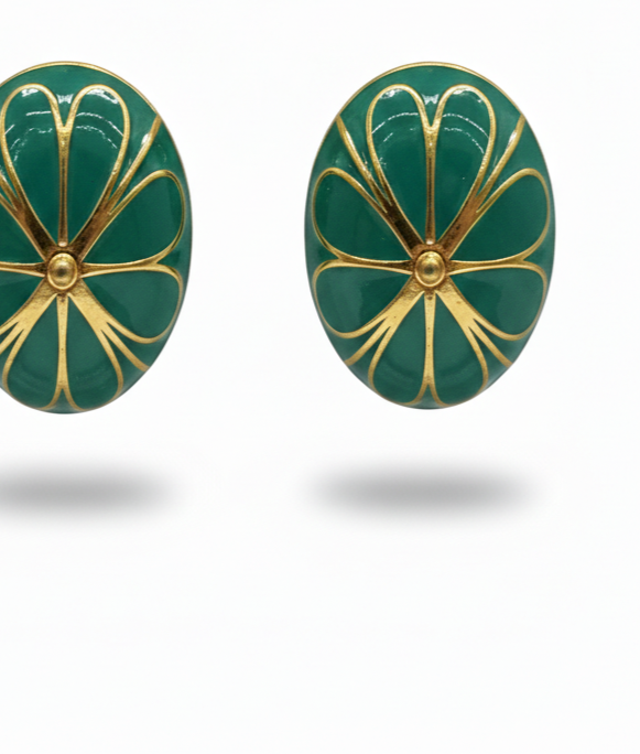 Emerald Petal Oval Stud Earrings - Image 3