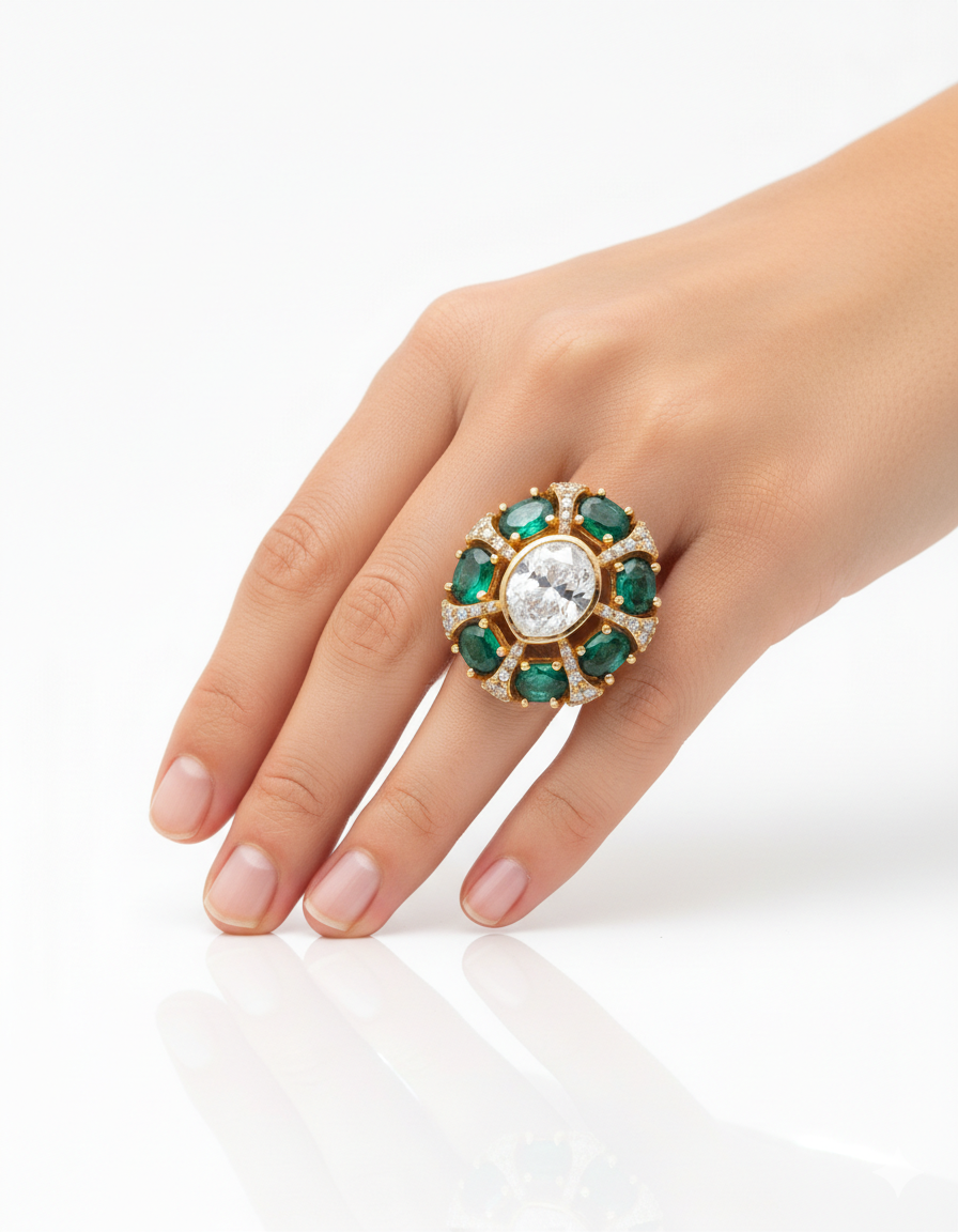 Emerald Halo Diamond Statement Ring - Image 2