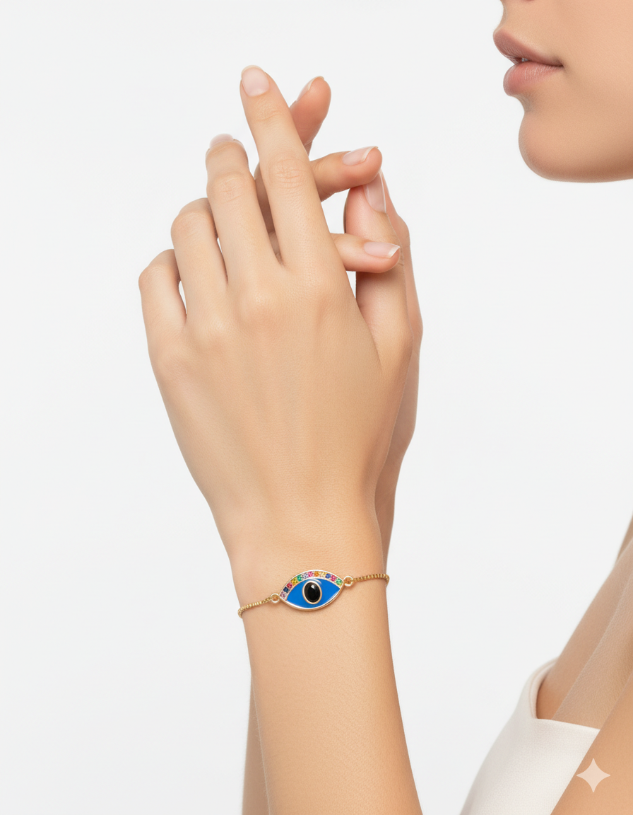 Gold Multicolor Blue Evil Eye Adjustable Bracelet - Image 2