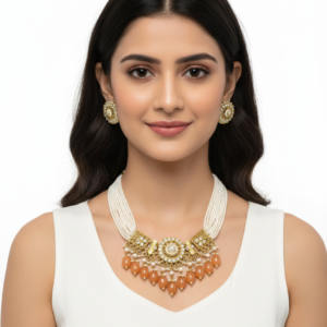 Royal Pearl & Amber Stone Statement Necklace Set