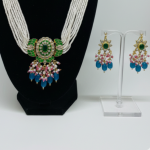 Emerald Pearl & Sapphire Drop Statement Necklace Set