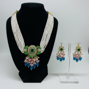 Emerald Pearl & Sapphire Drop Statement Necklace Set